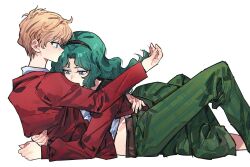  2girls bishoujo_senshi_sailor_moon black_hairband blonde_hair blue_eyes feet_out_of_frame green_hair green_pants green_skirt hairband hand_on_another's_back hug kaiou_michiru long_sleeves lying lying_on_person midriff mugen_gakuen_school_uniform multiple_girls on_stomach pants school_uniform short_hair simple_background sitting skirt ten'ou_haruka very_short_hair white_background yumi_xsh yuri 