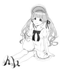  1girl baby_animal bad_link bird bonnet bpa_(artist) chick collared_dress dress greyscale hair_ribbon holding holding_toy looking_at_viewer mochi_hiyoko mochipro monochrome neck_ribbon ribbon shoes sitting socks stuffed_animal stuffed_toy toy twintails virtual_youtuber 