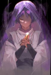  1boy armor artist_name aura black_background black_sash blunt_ends crying cshinyuki detached_sleeves doll_joints english_commentary eyeshadow genshin_impact hands_up highres holding holding_jewelry holding_necklace japanese_armor japanese_clothes jellyfish_cut jewelry joints kariginu kimono kote kurokote leaf_necklace long_sleeves makeup male_focus necklace no_mouth one-eyed purple_hair purple_kimono purple_veil red_eyeshadow sash scaramouche_(genshin_impact) scaramouche_(kabukimono)_(genshin_impact) short_hair simple_background solo sparkle standing veil white_sleeves wide_sleeves 