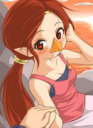  blush breasts brown_eyes brown_hair chenge-getter cleavage headband highres holding_hands long_hair medli pointy_ears ponytail solo the_legend_of_zelda wind_waker 