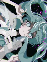  1girl aqua_eyes aqua_hair bare_shoulders black_background blue_eyes blue_hair blue_necktie commentary_request cracked_face cracked_skin hair_between_eyes hatsune_miku highres long_hair looking_at_viewer necktie outstretched_hand shirt sideways simple_background solo tabun_ningen twintails very_long_hair vocaloid white_shirt 