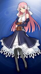  1girl aqua_eyes bare_shoulders black_shoes blue_background book breasts detached_sleeves dress full_body game_asset grimms_notes hand_up holding holding_book juliet_sleeves lady_dulcinea_(grimms_notes) lady_dulcinea_(original)_(grimms_notes) long_hair long_sidelocks long_sleeves morisawa_haruyuki non-web_source official_art parted_lips pink_hair puffy_sleeves shoes sidelocks solo 