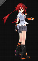  1girl 3d black_background black_gloves black_shoes fingerless_gloves full_body gloves grey_skirt grid_background hair_ornament hairclip long_hair looking_at_viewer necktie neptune_(series) official_art orange_eyes orange_necktie orange_socks pleated_skirt red_hair shin_jigen_game_neptune_vii shirt shoes skirt socks solo striped_clothes striped_socks tennouboshi_uzume twintails white_shirt 
