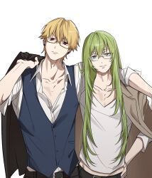  1boy 1other androgynous arm_around_shoulder blonde_hair enkidu_(fate) fate/strange_fake fate_(series) gilgamesh_(fate) glasses green_eyes green_hair highres holding holding_unworn_clothes holding_unworn_jacket jacket jacket_on_shoulders lkl_0010 long_hair looking_at_viewer open_mouth red_eyes shirt short_hair simple_background smile unworn_jacket upper_body vest white_background 