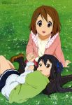  absurdres black_hair boots brown_eyes brown_hair casual flower grass hair_flower hair_ornament hair_ribbon hairclip highres hirasawa_yui holding_hands k-on! long_hair lying megami multiple_girls nakano_azusa official_art oota_rika pantyhose ribbon shoes short_hair twintails 