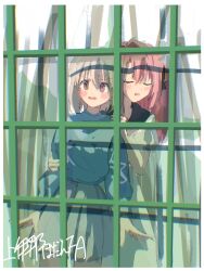  2girls @_@ abbabarri black_ribbon blue_sweater blush brown_eyes chromatic_aberration closed_eyes commentary_request grey_hair grey_skirt hair_intakes hair_ribbon hand_on_another's_arm hand_on_another's_shoulder highres kamiina_botan kamiina_botan_yoeru_sugata_wa_yuri_no_hana long_hair multiple_girls open_mouth pink_hair pleated_skirt ribbon short_hair skirt sweater through_window tonami_ibuki translation_request two_side_up 