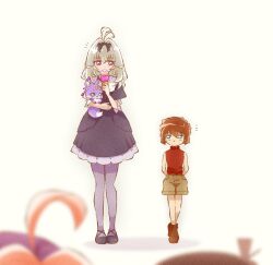  1boy 3girls ahoge akechi_anna animal antenna_hair arms_behind_back black_capelet black_dress black_shoes blue_eyes blurry blurry_foreground bob_cut brown_hair brown_shoes brown_shorts capelet casual commentary crossed_ankles crossover depth_of_field dress eating edogawa_conan frilled_dress frills grey_hair grey_pantyhose haibara_ai hair_intakes hat highres holding holding_animal holding_ice_cream_cone ice_cream_cone mashu-tan medium_dress medium_hair meitantei_conan meitantei_precure! moria_luluka multiple_girls notice_lines pantyhose pink_hair precure purple_hat red_shirt shirt shoes short_hair short_sleeves shorts simple_background sleeveless sleeveless_shirt turtleneck turtleneck_shirt violet_eyes white_background white_shirt yuu13 