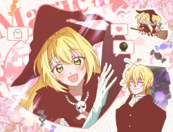  1boy 1girl ada_vessalius ascot black_cape black_coat black_dress black_hat blonde_hair blue_ribbon blush broom broom_riding candy cape chibi closed_eyes closed_mouth coat commentary crossed_bangs dress earrings elbow_gloves food ghost_emoji gloves green_eyes h_ire_h hair_between_eyes hair_intakes hair_ribbon hat heart jewelry long_hair looking_at_viewer low_ponytail necklace open_mouth pandora_hearts ponytail ribbon shirt skull_necklace smile speech_bubble spoken_heart teardrop_earrings turn_pale vincent_nightray white_ascot white_gloves white_shirt witch_hat wrapped_candy 