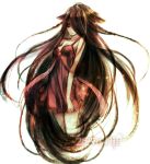  alice_(pandora_hearts) bare_shoulders breasts brown brown_hair cleavage dress hair_over_one_eye legs long_hair pandora_hearts quuni simple_background sleeveless smile solo 