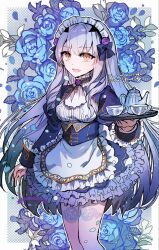  1girl ascot blue_dress blue_flower cup dress fate/grand_order fate_(series) flower frilled_dress frills highres holding holding_plate long_hair maid maid_headdress melusine_(fate) open_mouth plate purple_hair rioka_(southern_blue_sky) standing teacup teapot thigh-highs white_ascot white_thighhighs wrist_cuffs yellow_eyes 