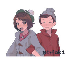  1boy 1girl :d beanie blush brown_eyes brown_hair cardigan closed_eyes closed_mouth collared_dress collared_shirt commentary_request cropped_torso dress gloria_(pokemon) green_hat grey_cardigan grey_hat hat hood hood_down hooded_cardigan nanase_(trfok1) open_mouth pokemon pokemon_sword_and_shield red_shirt shirt short_hair simple_background smile tam_o'_shanter teeth upper_body upper_teeth_only victor_(pokemon) white_background 