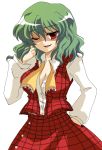  adjusting_hair ascot breasts cleavage green_hair kazami_yuuka open_clothes open_shirt plaid plaid_skirt plaid_vest red_eyes ribbon shaded_face shirt simple_background skirt skirt_set solo touhou umeshyu_sake untied white_background wink 