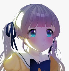  1girl aqua_eyes baby_animal backlighting bad_link bird blue_eyes blue_ribbon bpa_(artist) chick collar collared_dress dress green_eyes hair_ribbon indie_virtual_youtuber mochi_hiyoko mochipro neck_ribbon purple_hair ribbon tareme twintails virtual_youtuber white_collar yellow_dress 