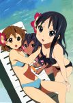  3girls absurdres akiyama_mio barefoot bikini blush detexted flower hair_flower hair_ornament highres hirasawa_yui horiguchi_yukiko hug k-on! lounge_chair megami multiple_girls nakano_azusa official_art popsicle sunburn swimsuit swimsuit tan 