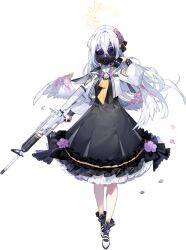  1girl arm_at_side assault_rifle azusa_(blue_archive) black_dress black_ribbon black_sailor_collar black_socks blue_archive bow breast_pocket covered_face crossed_bangs dress emblem facing_viewer feathered_wings flower footwear_bow frilled_dress frilled_sailor_collar frilled_socks frills full_body game_asset gas_mask gun hair_between_eyes hair_flower hair_intakes hair_ornament hair_ribbon halo hand_up highres holding holding_gun holding_weapon large_variant_set long_hair long_sleeves low_wings m4_carbine mask namyo neckerchief official_art open_clothes open_shirt petals petticoat pink_flower pocket purple_bow purple_flower ribbon rifle sailor_collar shirt shoes sidelocks simple_background socks solo standing straight-on tachi-e third-party_source transparent_background trigger_discipline variant_set weapon white_hair white_shirt white_shoes white_wings wing_ornament wings yellow_halo yellow_neckerchief 