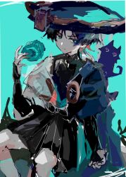  1boy animal animal_ears animalization aqua_background aqua_eyes black_bow black_bridal_gauntlets black_hair black_hakama black_shorts black_tank_top blue_cape blue_hat blunt_ends bow bridal_gauntlets cape cat cat_ears cat_tail closed_mouth commentary_request epopi3xwt1zlwql eyeshadow feet_out_of_frame genshin_impact hair_between_eyes hakama hakama_shorts hand_up hat highres japanese_clothes jellyfish_cut jingasa leg_warmers looking_to_the_side magic makeup male_focus mandarin_collar open_clothes open_shirt orb person_and_animalization purple_cat red_eyeshadow scaramouche_(cat)_(genshin_impact) scaramouche_(genshin_impact) shirt short_hair short_sleeves shorts simple_background sitting solo tail tank_top wanderer_(genshin_impact) white_leg_warmers white_shirt 
