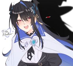  1girl absurdres asymmetrical_horns black_hair black_horns blue_hair breasts cloak colored_inner_hair commentary demon_horns english_commentary enigmatic_recollection hair_ornament highres hololive hololive_english horns legzy long_hair looking_at_viewer mole mole_under_eye multicolored_hair nerissa_ravencroft nerissa_ravencroft_(1st_costume) open_mouth red_eyes smile two-tone_hair uneven_horns virtual_youtuber white_cloak 