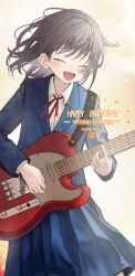  1girl :d absurdres blazer blue_jacket blue_skirt character_name closed_eyes collared_shirt commentary dated electric_guitar fender_telecaster futsuu_no_keion-bu guitar happy_birthday hatono_chihiro highres holding holding_guitar holding_instrument instrument jacket medium_hair neck_ribbon open_mouth playing_instrument pleated_skirt red_ribbon ribbon school_uniform shirt skirt smile solo urakko white_shirt 
