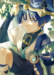  0a_9_(pixiv82791714) 1boy arm_at_side armor belt black_belt black_bodysuit black_bow black_bridal_gauntlets black_hair black_shorts blue_gem blue_hat blue_jingasa blue_kimono blue_sleeves blunt_ends bodysuit bow bridal_gauntlets cape expressionless feathers gem genshin_impact gold gold_ring grass hand_up hat japanese_armor japanese_clothes jingasa juban kimono knee_up kote kurokote layered_sleeves leg_warmers looking_at_viewer looking_up lower_eyelashes_only male_focus middle_ring pom_pom_(clothes) purple_cape purple_rope purple_sash rope sash scaramouche_(genshin_impact) short_sleeves shorts shoulder_peek side_cape sitting solo tsurime turtleneck turtleneck_bodysuit violet_eyes wanderer_(genshin_impact) white_kimono white_leg_warmers white_sleeves wispy_bangs yellow_feathers 