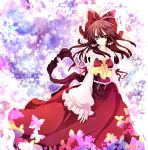  bow brown_eyes brown_hair butterfly detached_sleeves expressionless hair_bow hakurei_reimu highres large_bow long_hair obi riichu solo standing touhou 
