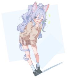  1girl ahoge animal_ear_fluff animal_ears black_shoes blue_background blue_eyes blue_hair blue_nails blush brown_skirt commentary english_commentary extra_ears fingernails full_body hair_between_eyes hand_on_own_leg highres leaning_forward legs long_hair long_sleeves looking_at_viewer nail_polish one_eye_closed open_mouth original shoes simple_background skirt socks solo sweater tail_around_own_leg uito_yzwa white_background white_socks yawning yellow_sweater 