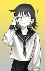  1girl ahoge blush commentary_request futsuu_no_keion-bu gradient_background grey_background hand_on_own_face hatono_chihiro highres medium_hair neck_ribbon pleated_skirt ribbon sailor_collar school_uniform serafuku skirt solo urakko yellow_background 