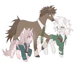  1girl 2boys animal animalization black_jacket blunt_bangs brown_hair crossover danganronpa_(series) danganronpa_2:_goodbye_despair detached_collar green_jacket green_necktie highres hinata_hajime horns horse jacket june777th komaeda_nagito multiple_boys my_little_pony my_little_pony:_friendship_is_magic nanami_chiaki neck_ribbon necktie no_humans open_clothes open_jacket pink_hair pink_ribbon ribbon simple_background single_horn tattoo white_background white_hair 