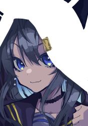  1girl :3 absurdres alternate_hair_length_(longer) animal_hood black_choker black_sailor_collar black_serafuku blue_eyes blue_hair cat_hood choker closed_mouth colored_inner_hair commentary dot_nose double-parted_bangs english_commentary grey_shirt hand_up highres hololive hood hooded_jacket hoshimachi_suisei hoshimachi_suisei_(sailor) jacket long_hair looking_at_viewer loose_hair_strand mentally_deficient multicolored_hair muted_colors official_alternate_costume official_alternate_hairstyle portrait raised_eyebrows sailor_collar school_uniform serafuku shirt sidelocks smile solo star_(symbol) star_in_eye symbol_in_eye virtual_youtuber white_hood 