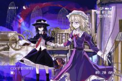  2girls bag belt black_belt black_boots black_capelet black_eyes black_hair black_hat black_skirt blonde_hair book boots bow brown_bag buttons cabinet capelet chair check_commentary classroom closed_mouth collarbone collared_dress collared_shirt commentary_request commission contrast_collar distortion dress frilled_dress frilled_shirt_collar frills hair_bow hat hat_bow highres holding holding_book holding_hands indoors juliet_sleeves long_hair long_sleeves maribel_hearn medium_hair mob_cap multiple_girls neck_ribbon necktie object_request open_mouth oriharareimu puffy_sleeves purple_dress red_bow red_necktie red_ribbon ribbon ribbon-trimmed_capelet ribbon-trimmed_collar ribbon-trimmed_skirt ribbon_trim shirt skirt sleeve_cuffs sleeve_garter smile socks table touhou untucked_shirt usami_renko violet_eyes white_hat white_shirt white_socks window 