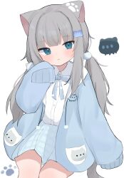  1girl :< absurdres animal_ears aqua_eyes blue_jacket blue_ribbon blue_skirt cat_ears cat_girl cat_hair_ornament cat_tail closed_mouth grey_hair hair_ornament highres indie_virtual_youtuber jacket light_blush looking_at_viewer nachoneko neck_ribbon nekosakaaa open_clothes open_jacket paw_pose plaid_clothes plaid_skirt pom_pom_(clothes) pom_pom_hair_ornament ribbon shirt sidelocks simple_background sitting skirt sleeves_past_fingers sleeves_past_wrists slit_pupils solo tail twintails virtual_youtuber white_background white_shirt 