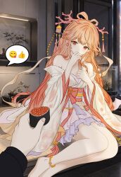  1girl absurdres ankle_ribbon arknights bare_shoulders barefoot chinese_clothes commentary_request coral_hair_ornament covering_own_mouth earrings feixianji_(hairstyle) fish_(food) fish_food food gradient_hair hair_ornament hair_rings hair_stick hand_over_own_mouth hanfu haruka_(arknights) haruka_(stranded_in_utopia)_(arknights) highres ikura_(food) indoors jewelry leg_ribbon long_hair long_sleeves looking_at_viewer makizushi multicolored_hair official_alternate_costume orange_eyes orange_hair original pointy_ears pov pov_hands red_hair ribbon roe spoken_emoji spoken_thumbs_up sushi very_long_hair wide_sleeves 