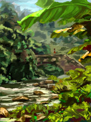 1girl bow bridge commentary_request day facing_ahead facing_viewer hair_bow hakurei_reimu nature outdoors red_bow red_skirt red_vest rock sakura_saki scenery skirt solo standing stream touhou tree very_wide_shot vest 