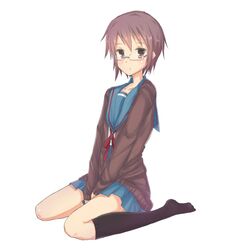  brown_eyes cardigan glasses grey_hair nagato_yuki school_uniform serafuku shin_(nagaburo) short_hair sitting suzumiya_haruhi_no_yuuutsu wariza 