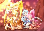  blonde_hair blue_eyes blue_hair closed_eyes cpro cure_blossom cure_marine cure_sunshine eyes_closed hair_ribbon hanasaki_tsubomi heart heartcatch_precure! injury kneeling kurumi_erika long_hair magical_girl midriff multiple_girls myoudouin_itsuki navel open_mouth pink_hair ponytail potpourri_(heartcatch_precure!) precure ribbon skirt twintails wink yellow_eyes 