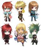  asch blonde_hair blue_eyes brown_hair character_name chibi dist fire glasses green_eyes green_hair guy_cecil jade_curtiss kuzu_youkan long_hair luke_fon_fabre male mieu multiple_boys peony_ix pig red_eyes red_hair redhead surcoat sync tales_of_(series) tales_of_the_abyss white_background 