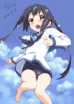  barefoot black_hair blush brown_eyes cloud clouds cosplay errant k-on! long_hair miyafuji_yoshika miyafuji_yoshika_(cosplay) nakano_azusa open_mouth school_swimsuit school_uniform serafuku sky solo strike_witches swimsuit swimsuit_under_clothes twintails 