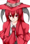  alucard_(hellsing) alucard_(hellsing)_(cosplay) bespectacled coat cosplay demon_wings glasses hat head_wings hellsing highres koakuma long_hair necktie no_nose open_mouth red_eyes red_hair redhead re~men shirt simple_background solo the_embodiment_of_scarlet_devil touhou wings 