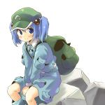  backpack bag blue_eyes blue_hair blush boots face hair_bobbles hair_ornament hat kawashiro_nitori key randoseru rock short_hair sitting smile solo touhou twintails yudepii 