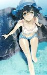  bare_legs bare_shoulders black_hair blue_eyes breasts choker cleavage collarbone feet_in_water foreshortening from_above hat highres huke looking_up midriff navel shiina_mayuri short_hair shorts sitting smile soaking_feet solo steins;gate swimsuit water 