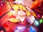  ascot bad_id blonde_hair bow colored_eyelashes colorful crystal flandre_scarlet hat hat_bow laevatein red_eyes shichimi_bachiko short_hair smile solo the_embodiment_of_scarlet_devil touhou wings 