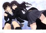  absurdres amagami artbook black_hair blue_eyes footwear hairband hand_in_hair highres hug long_hair looking_back morishima_haruka multiple_girls nanasaki_ai official_art open_mouth scan school_uniform short_hair skirt smile socks wink yanagi_shinsuke 