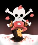  cherry_blossoms chiro_(pez777) dr.hiluluk family flag footprints hat jolly_roger memento no_humans one_piece petals reindeer reindeerboy shorts sitting skull_and_crossbones smile snow solo tony_tony_chopper top_hat 