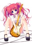  bad_id blue_eyes blush breasts cleavage copyright_request guitar instrument large_breasts long_hair mary_janes mouth_hold pink_hair ribbon shoes solo tsurusaki_takahiro twintails 
