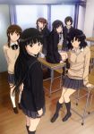  absurdres amagami artbook ayatsuji_tsukasa black_eyes black_hair blue_eyes brown_eyes brown_hair desk footwear gouda_hiroaki highres legs long_hair looking_back morishima_haruka multiple_girls nakata_sae nanasaki_ai official_art sakurai_rihoko scan school_uniform smile socks sweater tachibana_miya tanamachi_kaoru twintails twntails very_long_hair 