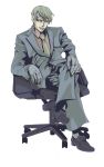 1boy chair earrings formal gloves green_eyes headband jewelry jojo_no_kimyou_na_bouken kishibe_rohan muted_color necktie shiromeshi_(pixiv) sitting solo suit 