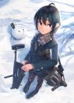  1girl absurdres ahoge black_hair breath brown_eyes commentary dreadtie grenade_launcher highres holding holding_weapon loafers original pantyhose scarf school_uniform shoes snow snowing snowman solo weapon weapon_request 