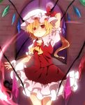  :&lt; amaya_enaka arm_up ascot blonde_hair bow crystal flandre_scarlet frilled_skirt full_moon hat hat_bow looking_at_viewer moon night red_eyes red_moon short_hair short_sleeves side_ponytail skirt slit_pupils solo the_embodiment_of_scarlet_devil touhou vest window wings 