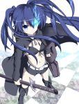  bikini_top black_rock_shooter black_rock_shooter_(character) blue_eyes blue_flame blue_hair boots checkered chorin coat katana long_hair navel pale_skin scar shorts solo standing sword transparent_background twintails weapon 