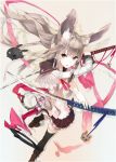  1girl animal_ears black_legwear boots bunny_ears chakram copyright_request detached_sleeves dual_wielding from_above grey_hair heterochromia katana light_brown_hair looking_at_viewer nil perspective ribbon solo sword tail thighhighs weapon x_arms 