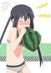  ball beachball bikini blowing blush brown_eyes closed_eyes errant eyes_closed food fruit holding holding_fruit k-on! long_hair nakano_azusa navel striped_bikini striped_swimsuit stripes swimsuit twintails watermelon 